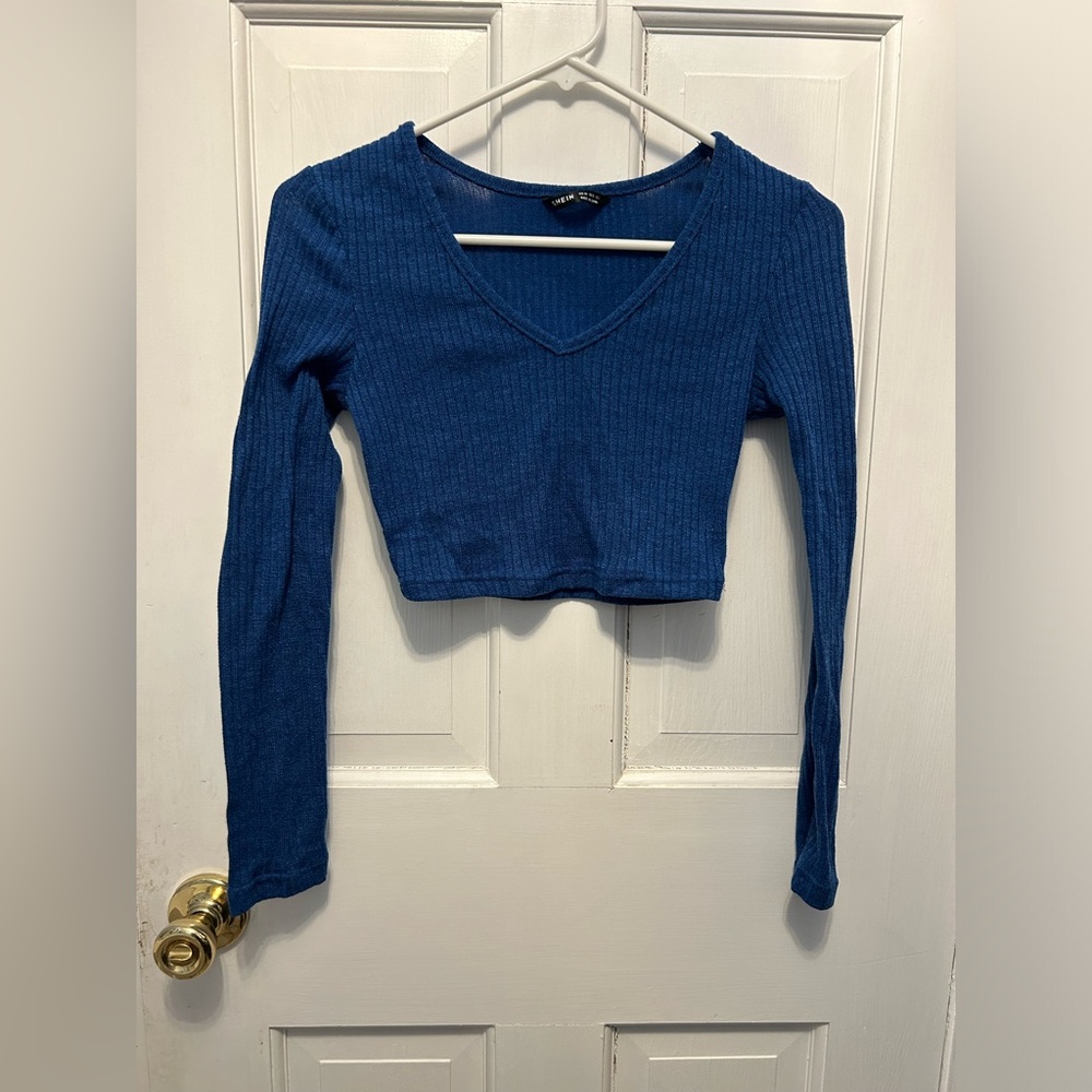 Blue V-Neck Ribbed Women's Top